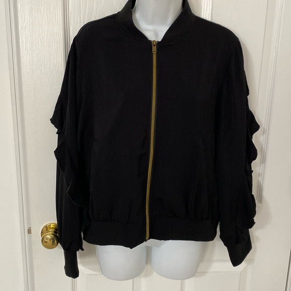 mudpie Ruffled Nolan Bomber Jacket in Black - Picture 1 of 10